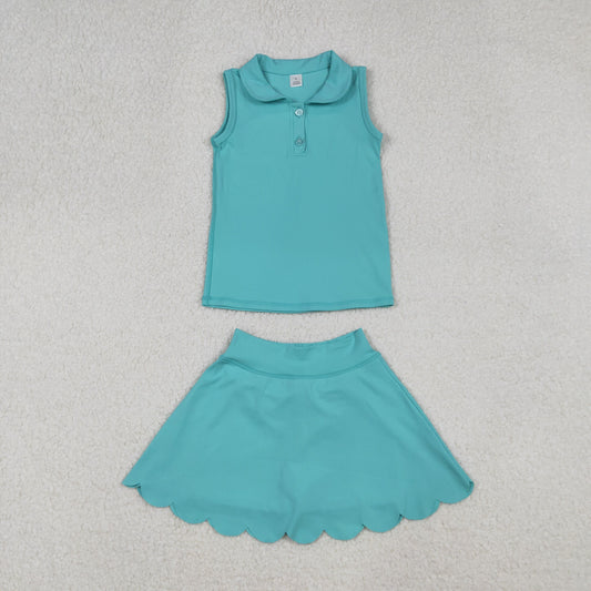 GSD2349 Baby Girls Aqua Button Vest Top Skirt Shorts Yoga Active Clothes Sets