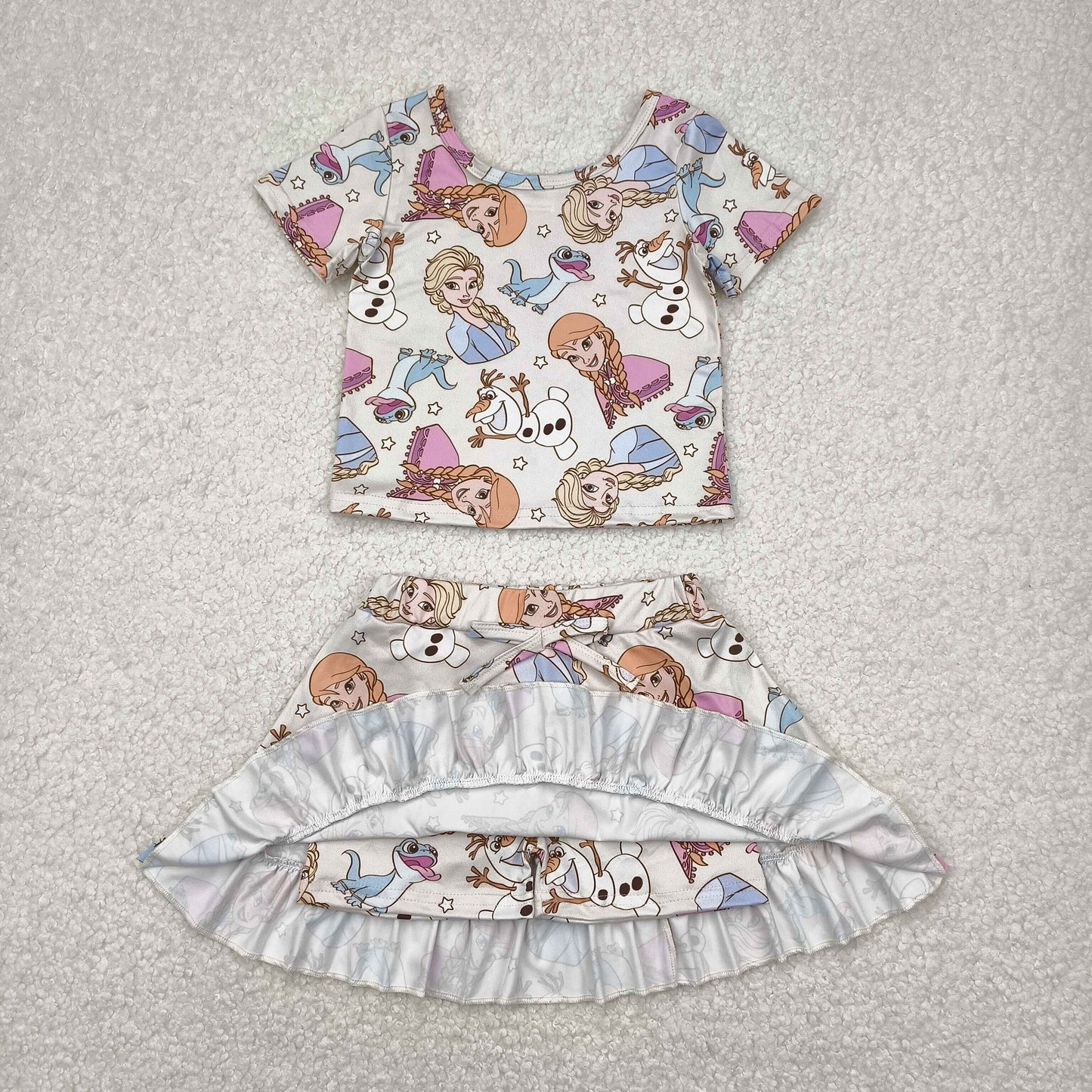 Sibling Baby Girls Short Sleeve Cartoon Princesses Top Ruffle Skirt Short Clothes Sets