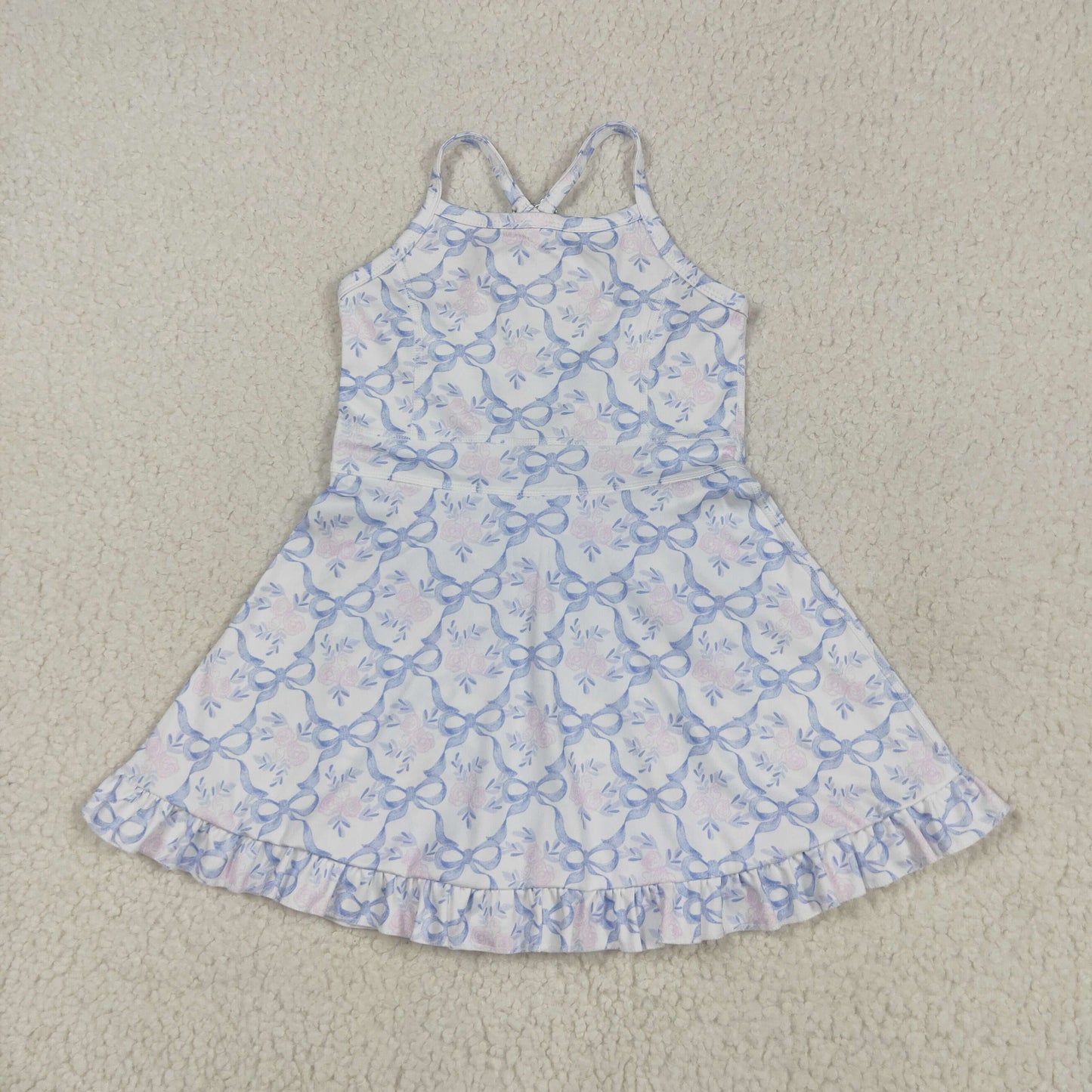 GSD2580 Baby Girls Blue Bows Flowers Checked Yoga Active Short Ruffle Knee Length Dresses