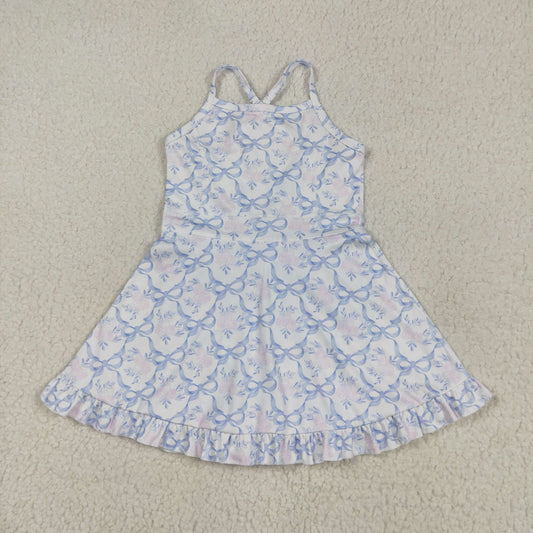 GSD2580 Baby Girls Blue Bows Flowers Checked Yoga Active Short Ruffle Knee Length Dresses