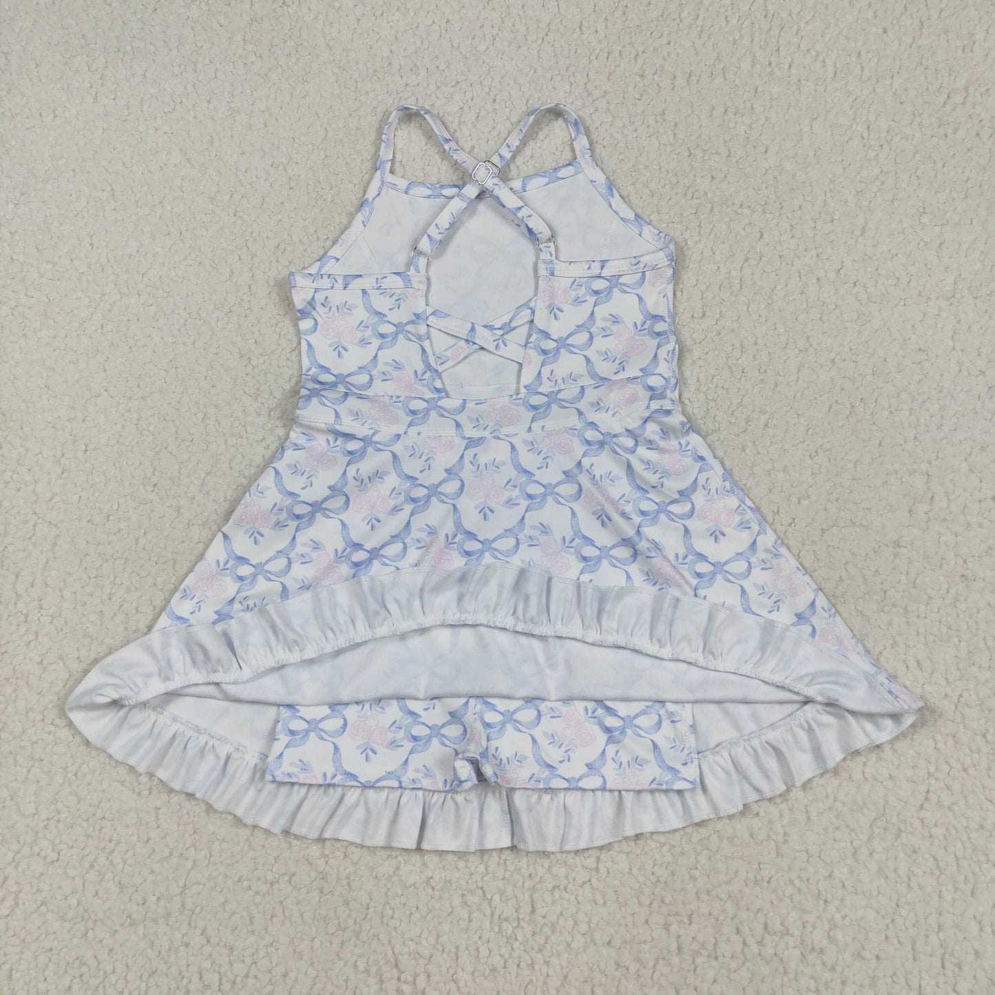 GSD2580 Baby Girls Blue Bows Flowers Checked Yoga Active Short Ruffle Knee Length Dresses
