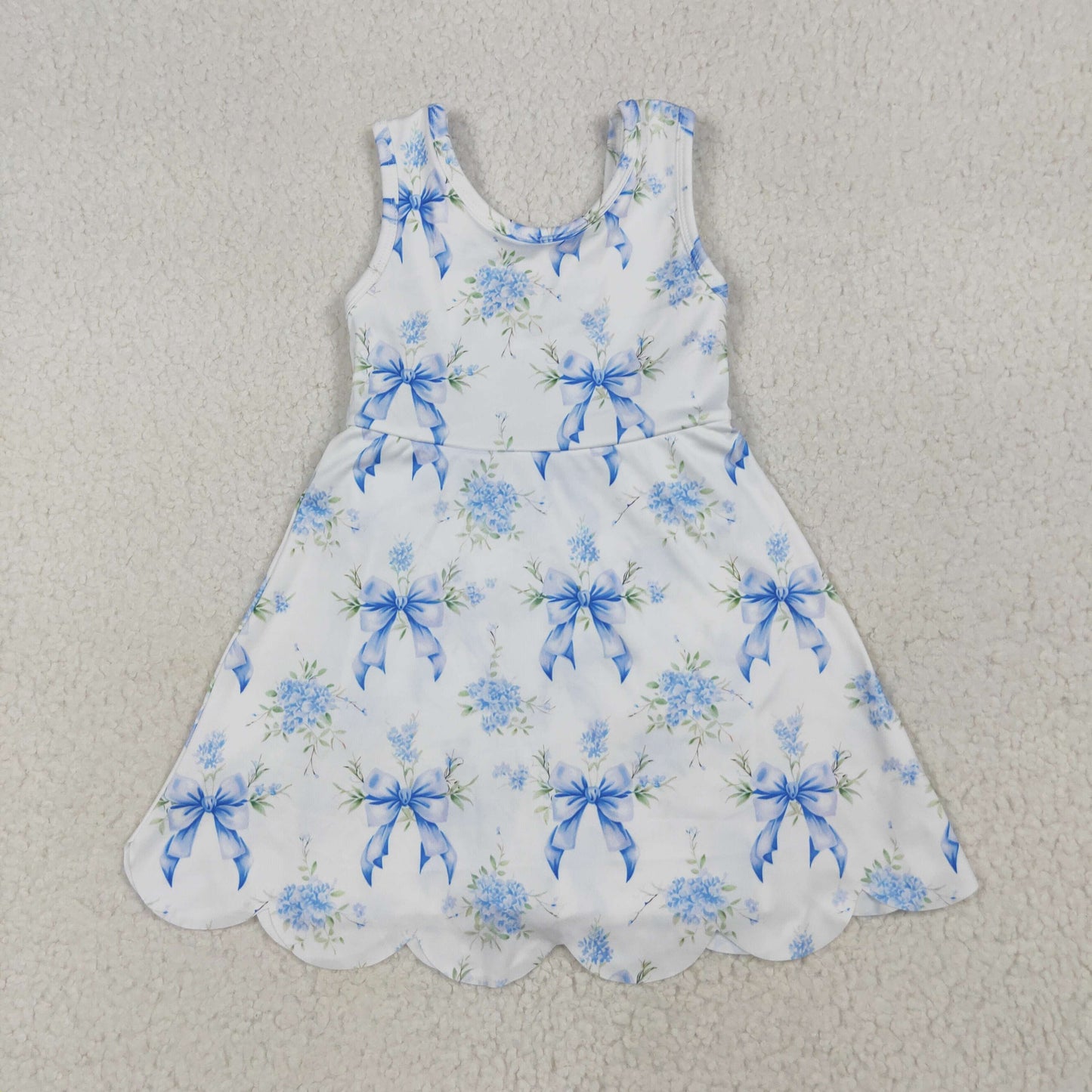 Sibling Baby Girls Flowers Bows Yoga Active Short Scallop Knee Length Dresses