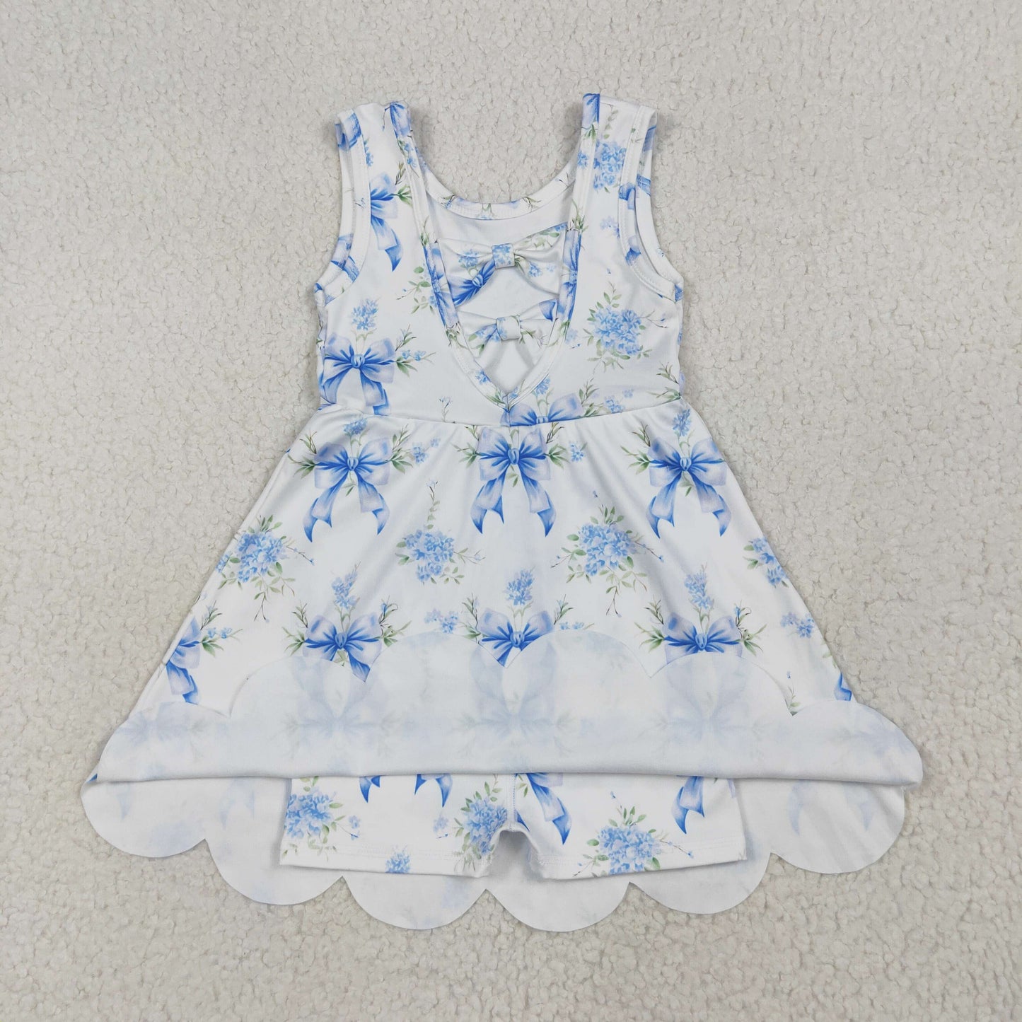 Sibling Baby Girls Flowers Bows Yoga Active Short Scallop Knee Length Dresses