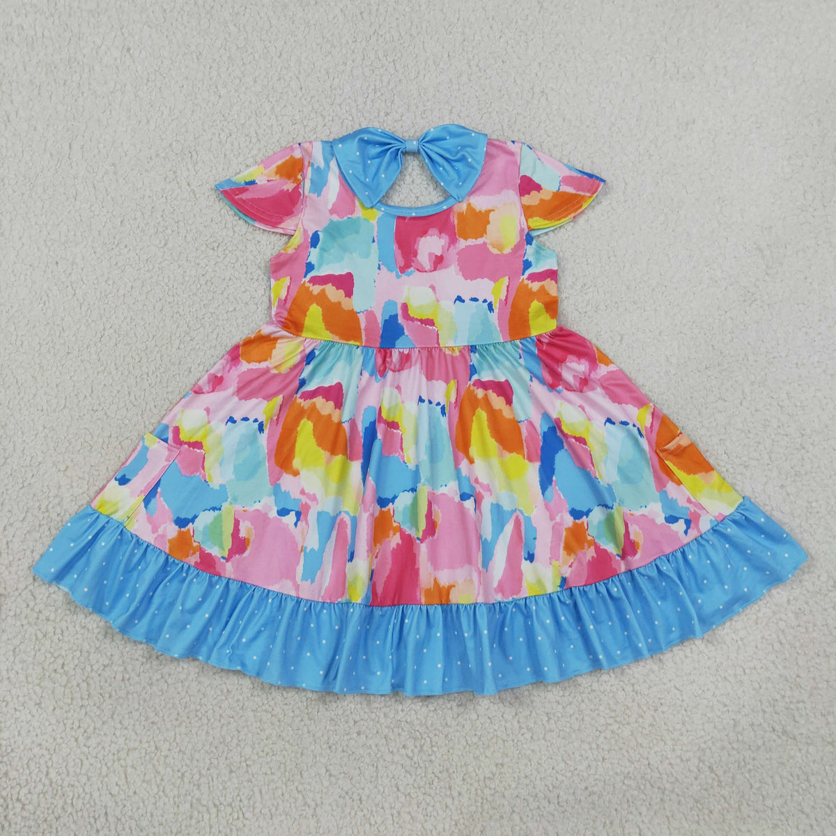 GSD2610 Baby Girls Flutter Sleeve Tie-dye Print Ruffle Knee Length Dresses