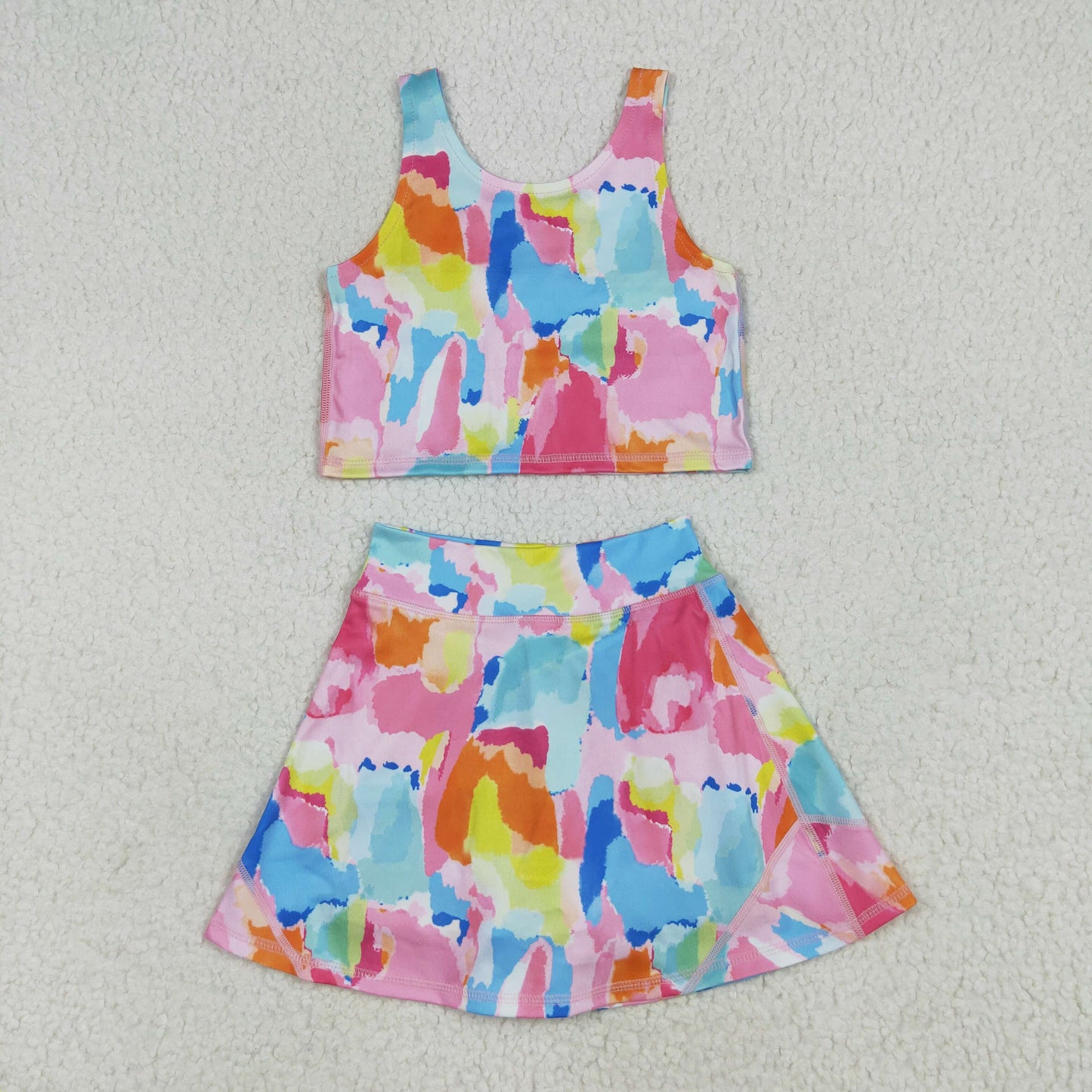 Sibling Baby Girls Sleeveless Stripe Checked Leopard Vest Top Yoga Athletic Skorts Sets