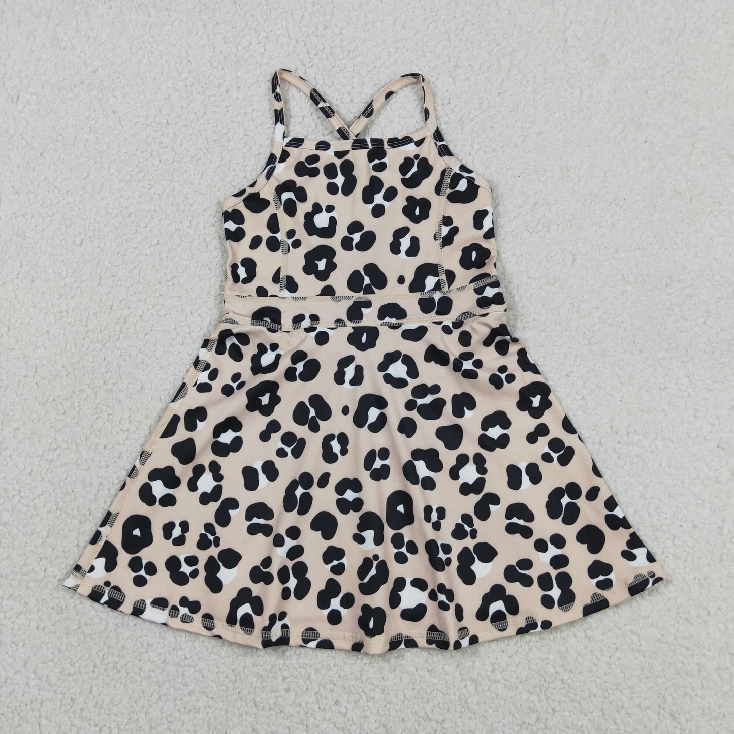 GSD2650 Baby Girls Strap Black Leopard Shorts Yoga Active Knee Length Dresses