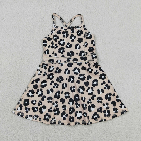 GSD2650 Baby Girls Strap Black Leopard Shorts Yoga Active Knee Length Dresses