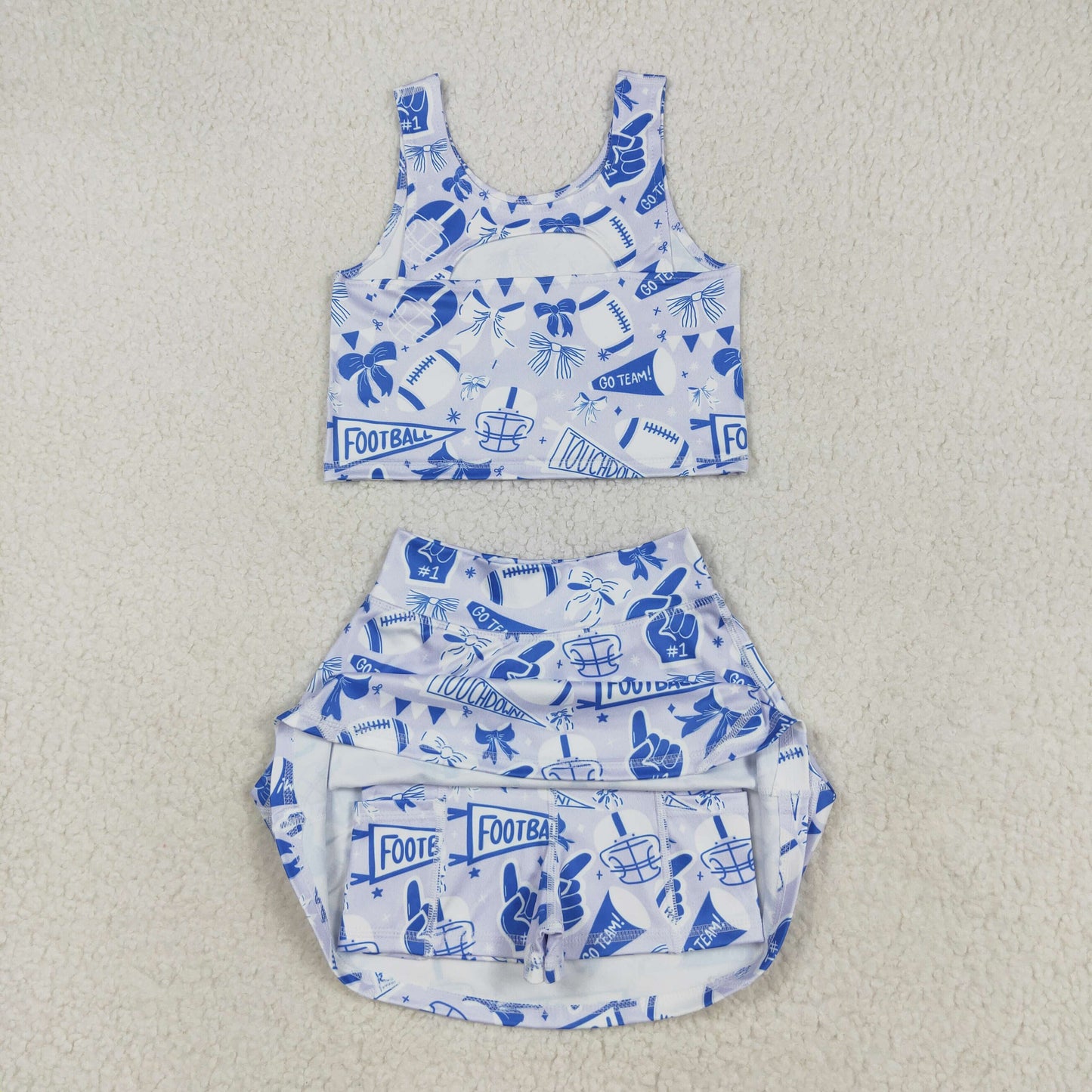 Sibling Baby Girls Blue Bows Footballs Team Shorts Yoga Clothes Set Knee Length Dresses