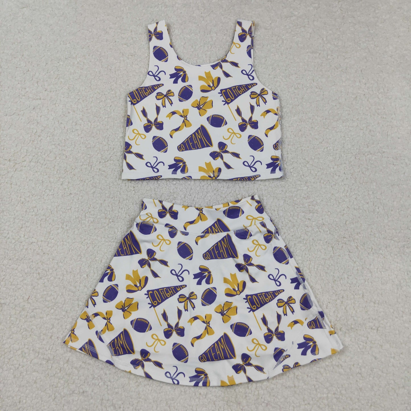 Sibling Baby Girls Purple Bows Footballs Team Shorts Yoga Clothes Set Knee Length Dresses