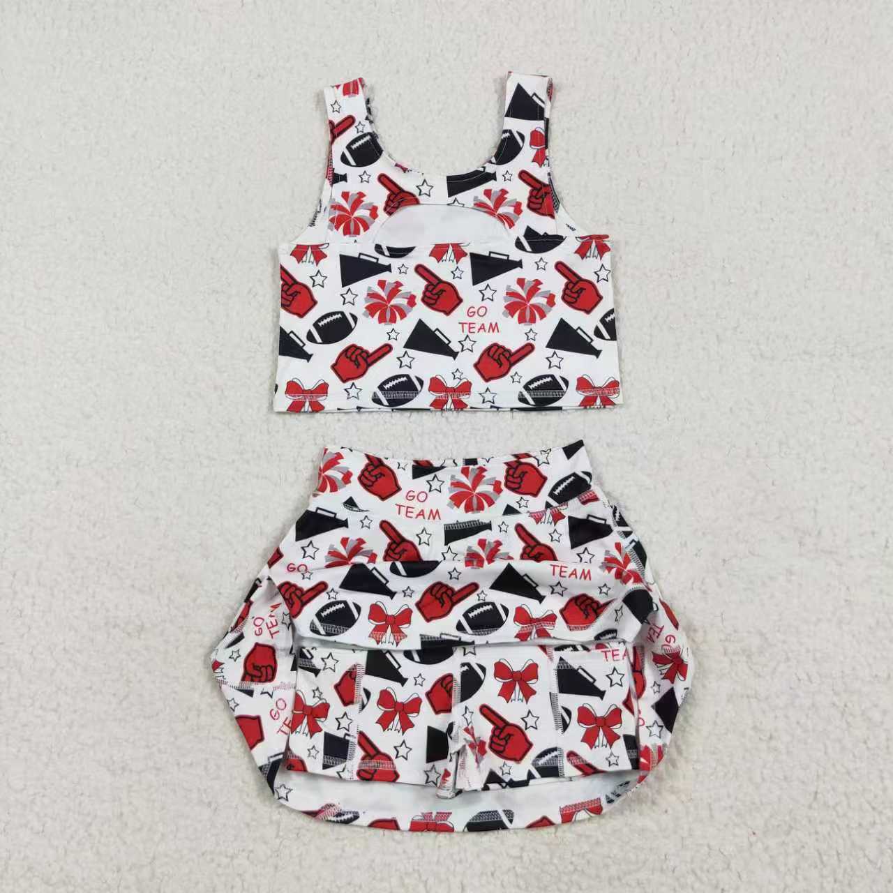 Sibling Baby Girls Go Team Footballs Bows Yoga Skorts Set Button Shorts Pajamas Set