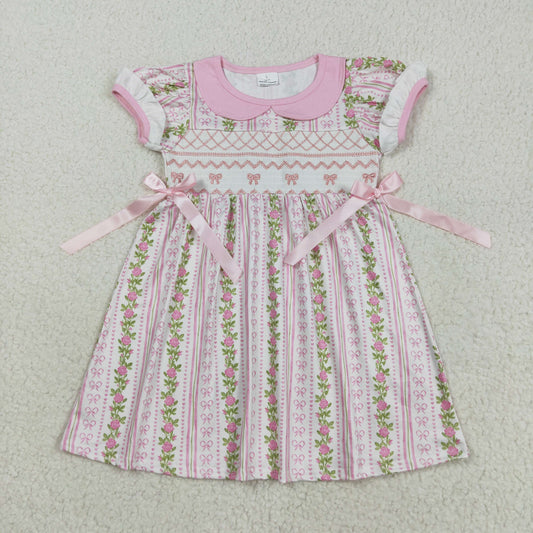 GSD2717 Smocked Baby Girls Pink Bows Flowers Stripe Collar Knee Length Dresses