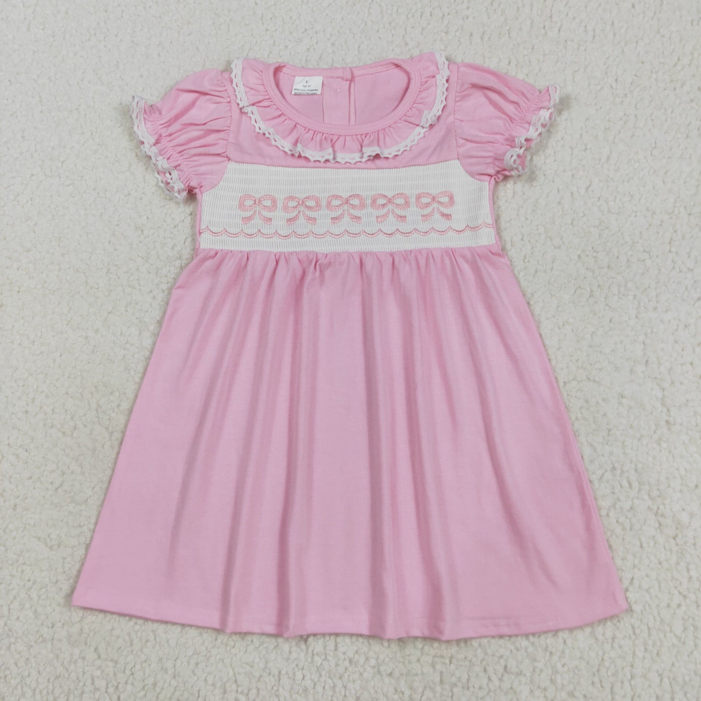 Sibling Baby Girls Pink Smocked Embroidery Bows Flowers Ruffle Sleeve Collar Knee Length Dresses