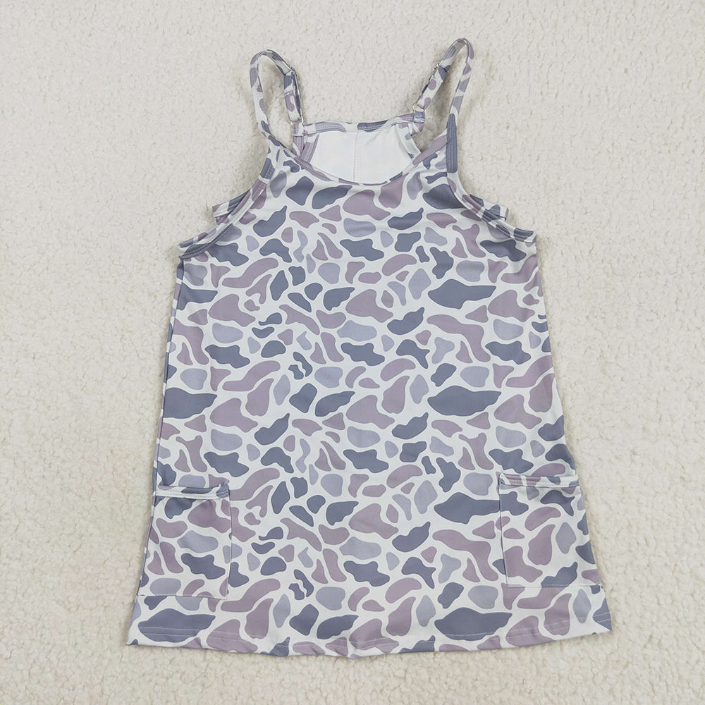 GSD2723 toddler girl clothes grey camouflage straps jumpsuits inside athletic Tennis yoga dresses