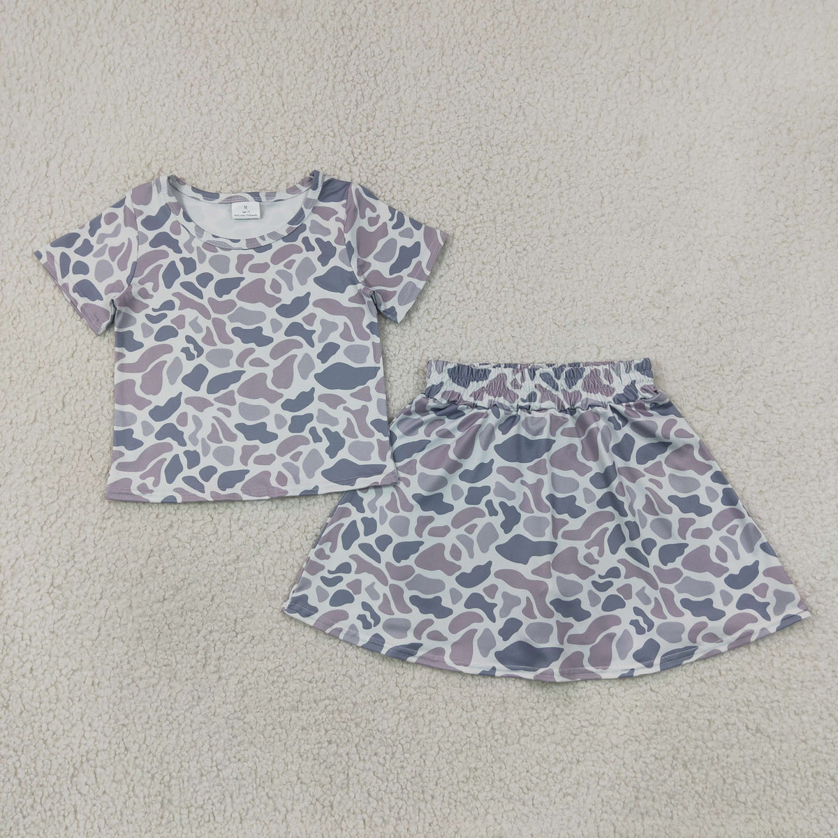 GSD2724 Baby Girls Short Sleeve Light Grey Camo Top Skirt Short Clothes Set