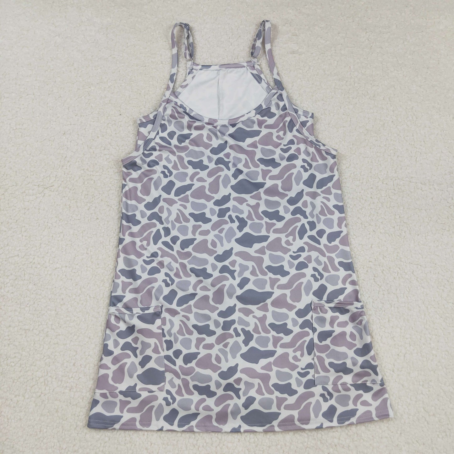 GSD2733 Adult Women Strap Grey Camo Pockets Shorts Yoga Active Knee Length Dresses
