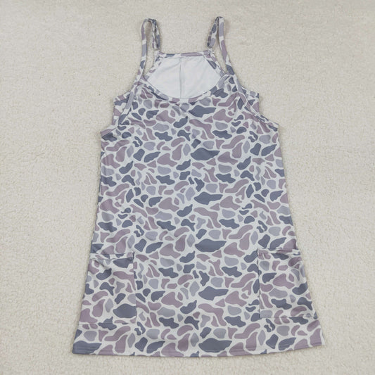 GSD2733 Adult Women Strap Grey Camo Pockets Shorts Yoga Active Knee Length Dresses