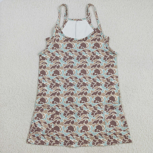 GSD2734 Adult Women Strap Green Khaki Camo Pockets Shorts Yoga Active Knee Length Dresses