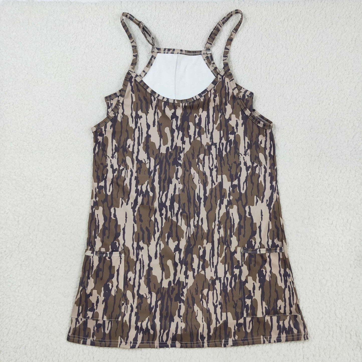 GSD2744 Adult Women Strap Olive Camo Pockets Shorts Yoga Active Knee Length Dresses