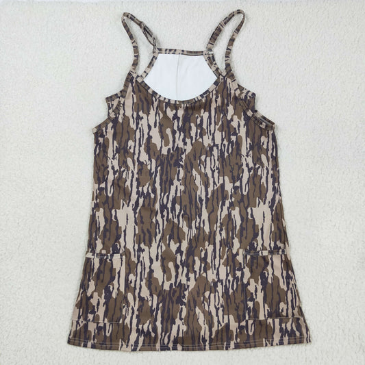 GSD2744 Adult Women Strap Olive Camo Pockets Shorts Yoga Active Knee Length Dresses
