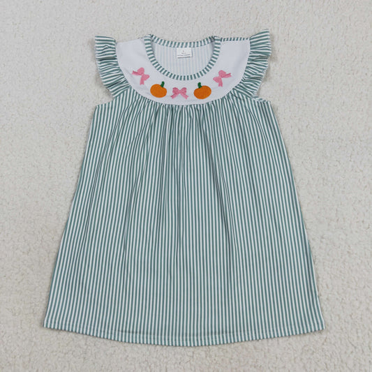 GSD2746 Baby Girls Green Stripe Embroidery Bows Pumpkins Fall Knee Length Dresses