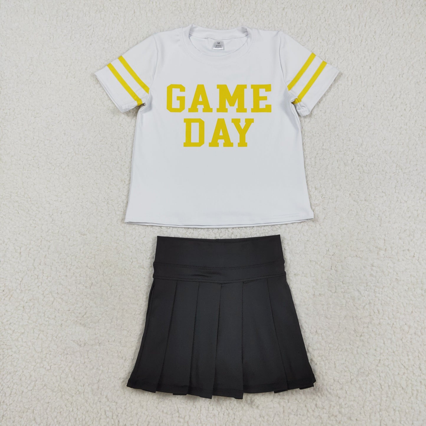 GSD2760 Baby Girls Yellow Game Day Top Black Pleated Skirt Shorts Yoga Active Team Clothes Sets