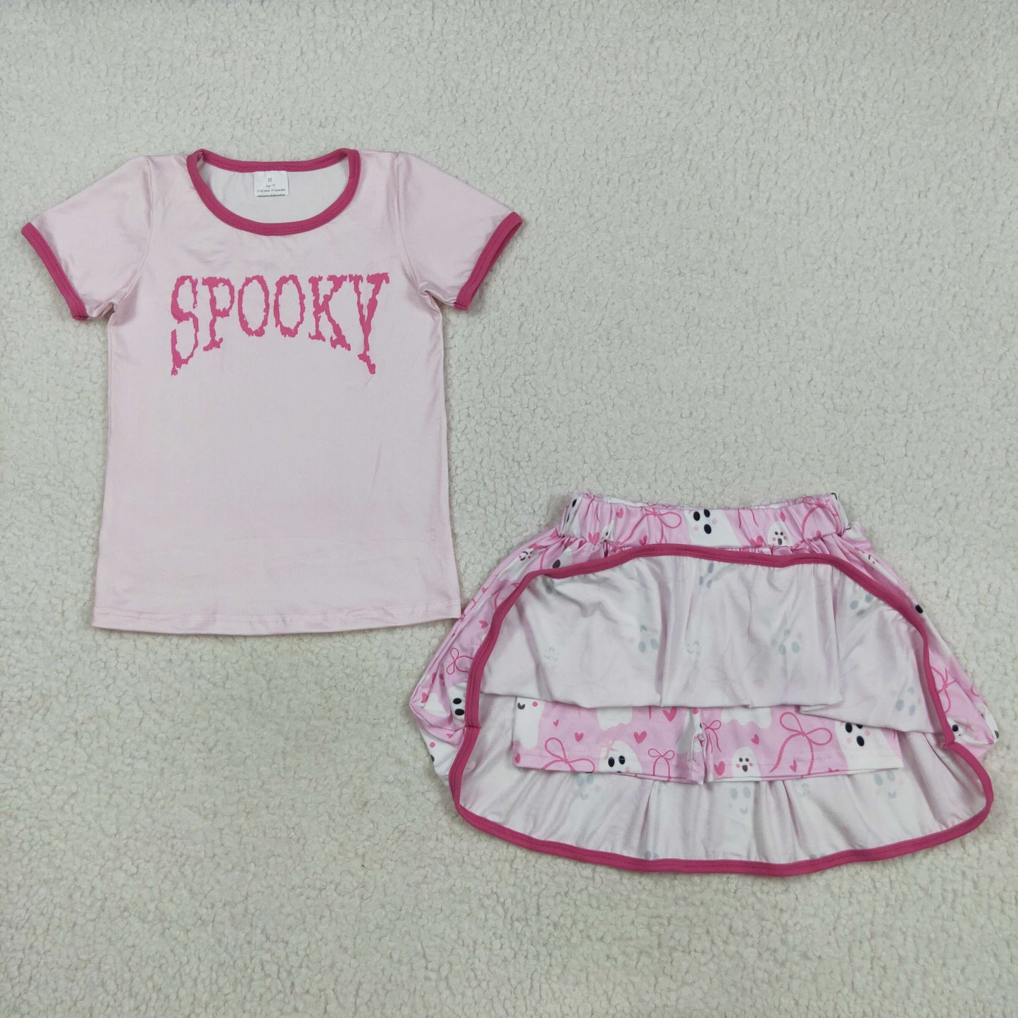 GSD2776 Baby Girls Pink Spooky Top Bows Ghosts Skirt Shorts Halloween Clothes Sets
