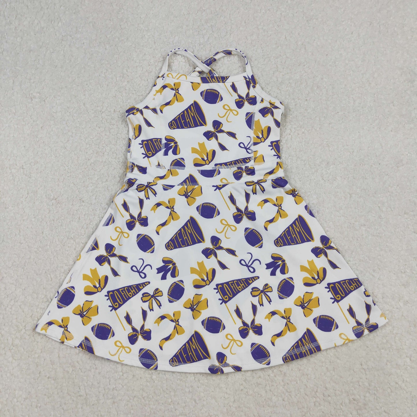 Sibling Baby Girls Purple Bows Footballs Team Shorts Yoga Clothes Set Knee Length Dresses
