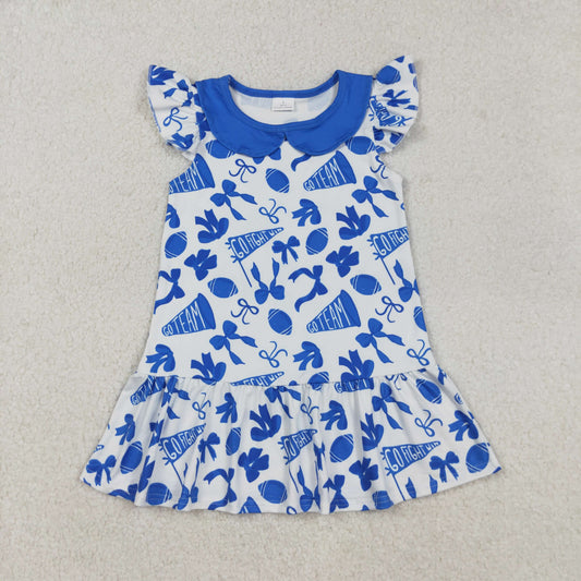 GSD2782 Baby Girls Blue Bows Footballs Plaid Go Team Ruffle Knee Length Dresses