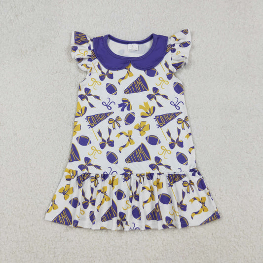 GSD2784 Baby Girls Yellow Purple Bows Footballs Plaid Go Team Ruffle Knee Length Dress