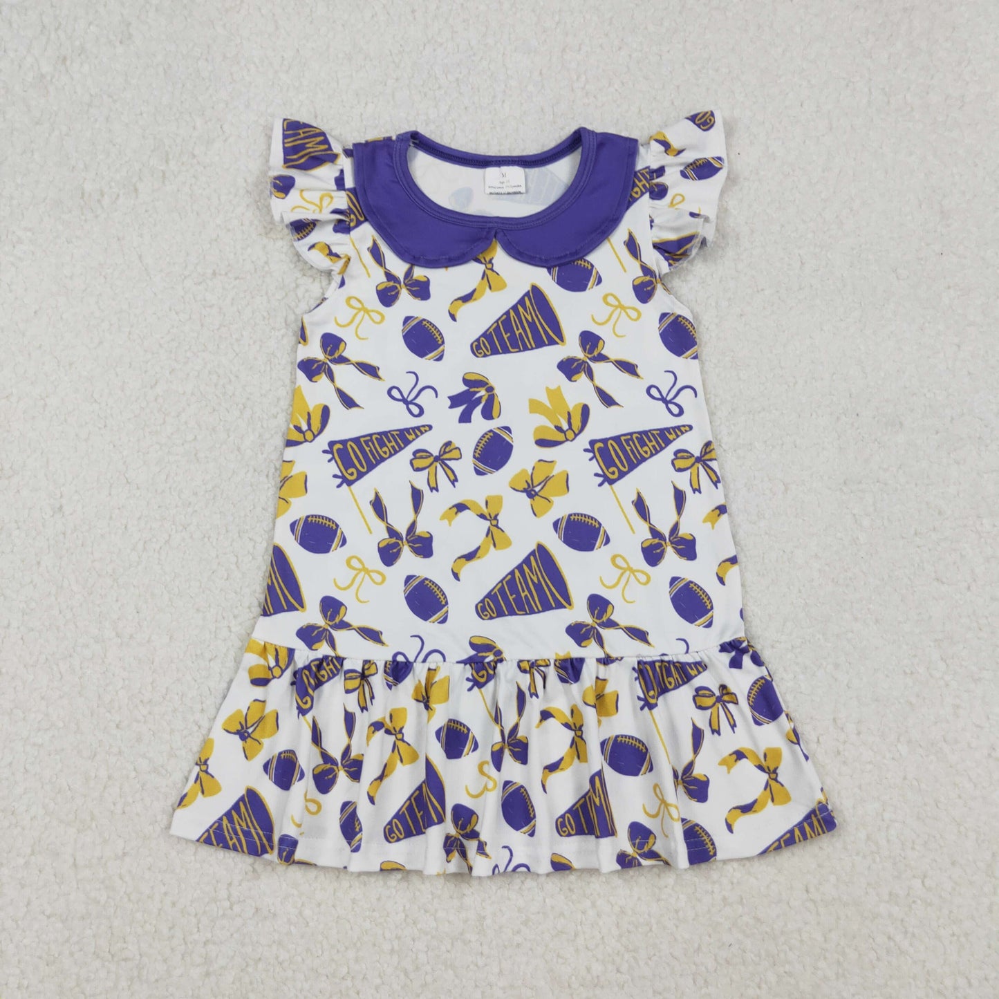 Sibling Baby Girls Purple Bows Footballs Go Team Ruffle Zipper Romper Knee Length Dress