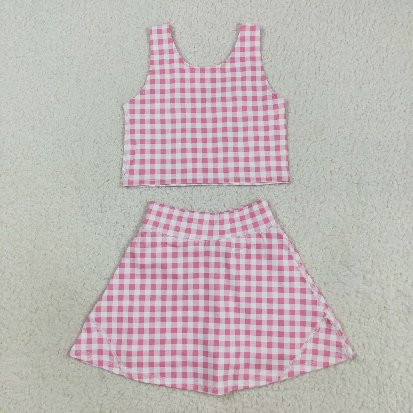 GSD2786 Baby Girls Pink Checked Vest Top Skirt Shorts Yoga Active Clothes Sets