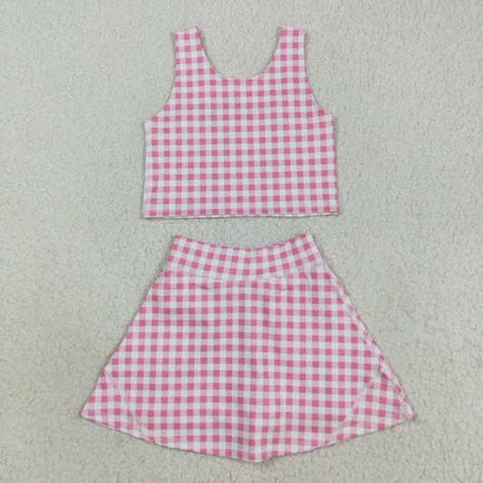 GSD2786 Baby Girls Pink Checked Vest Top Skirt Shorts Yoga Active Clothes Sets