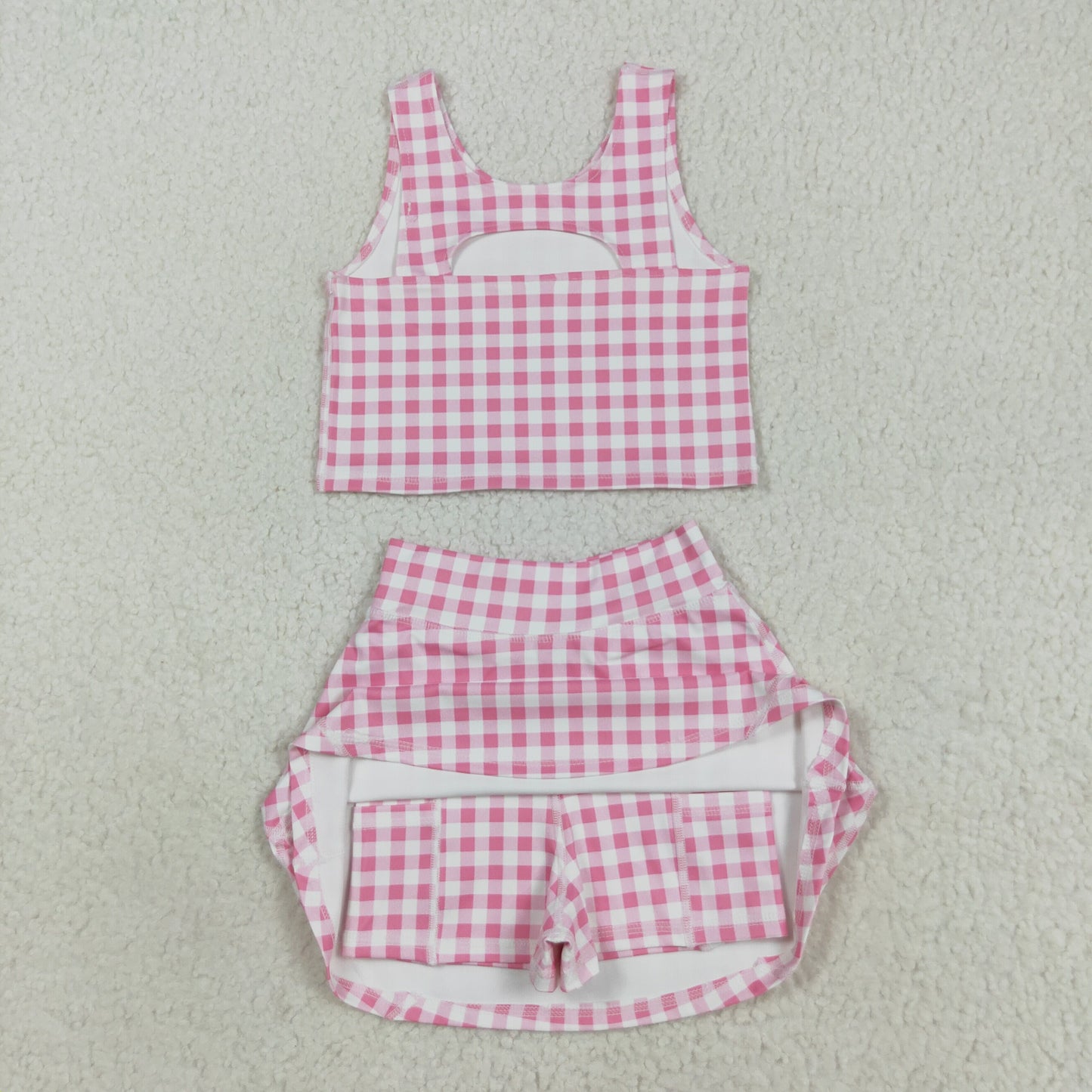 GSD2786 Baby Girls Pink Checked Vest Top Skirt Shorts Yoga Active Clothes Sets