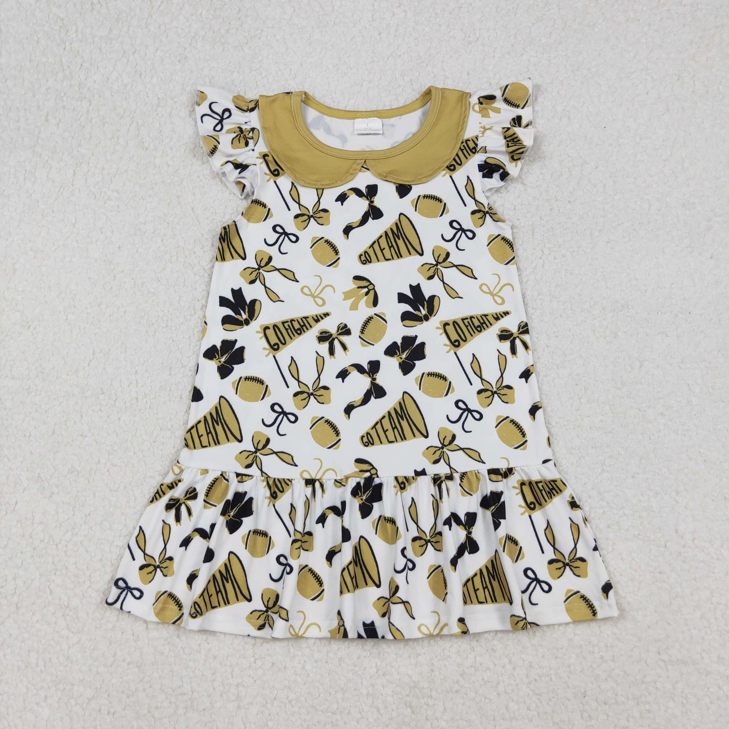 GSD2788 Baby Girls Gold Black Bows Footballs Plaid Go Team Ruffle Knee Length Dresses