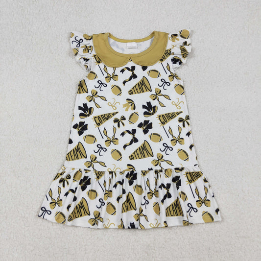 GSD2788 Baby Girls Gold Black Bows Footballs Plaid Go Team Ruffle Knee Length Dresses