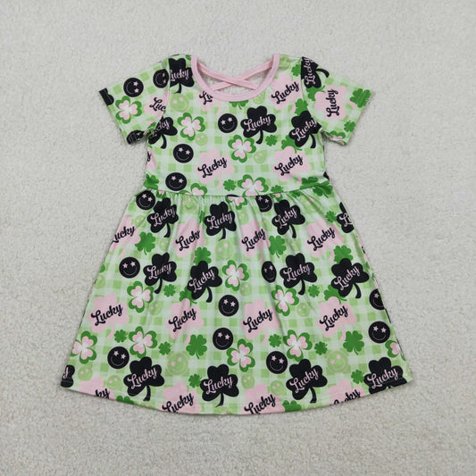GSD2840 Baby Girls Short Sleeve Lucky Clovers Smiles St Patrick Knee Length Dresses