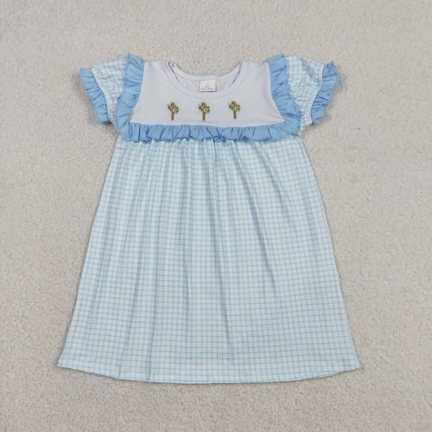 GSD2851 Baby Girls Embroidery Floral Crosses Checked Easter Knee Length Dresses