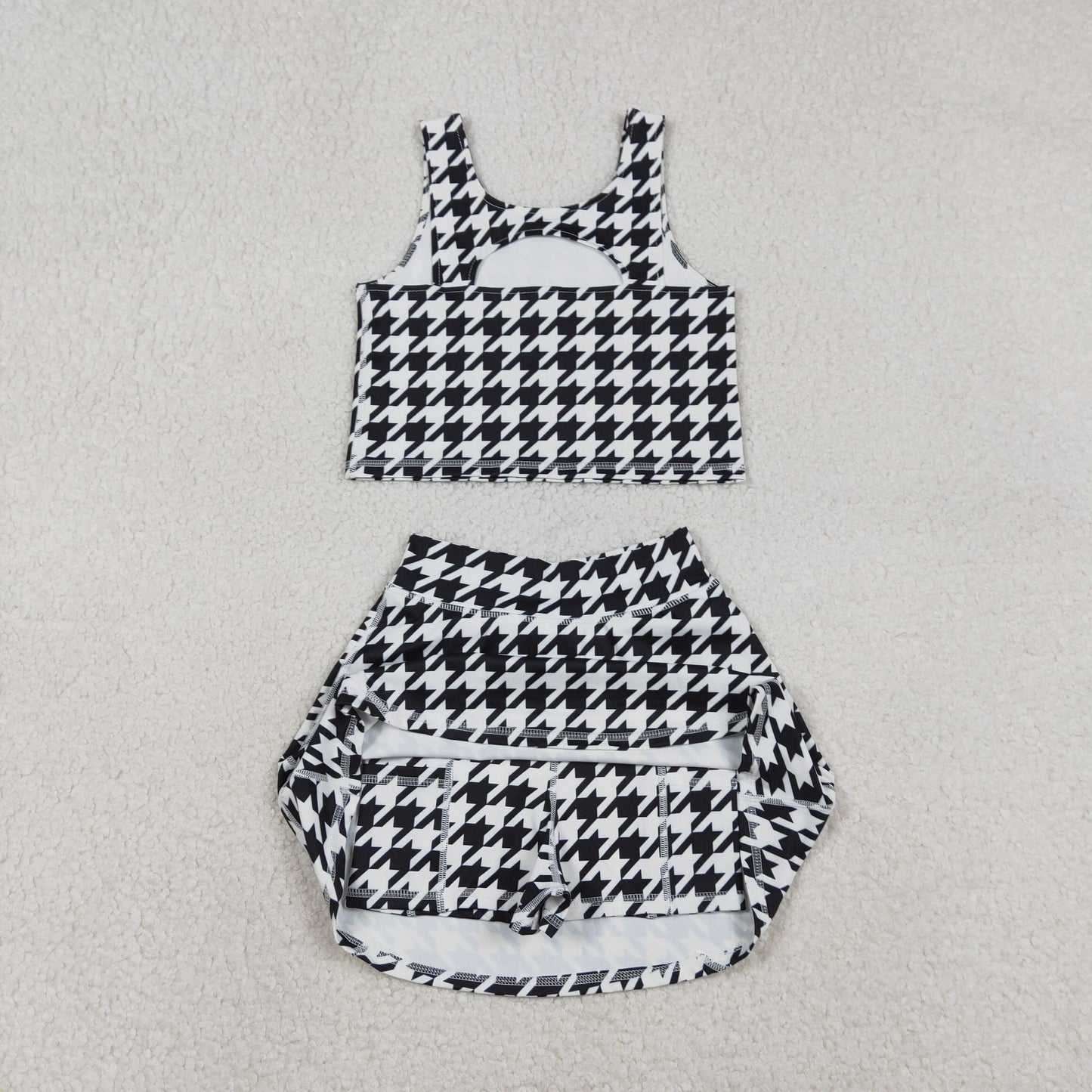 GSD2858 Baby Girls Black Birds Checked Vest Top Skirt Shorts Yoga Active Clothes Sets