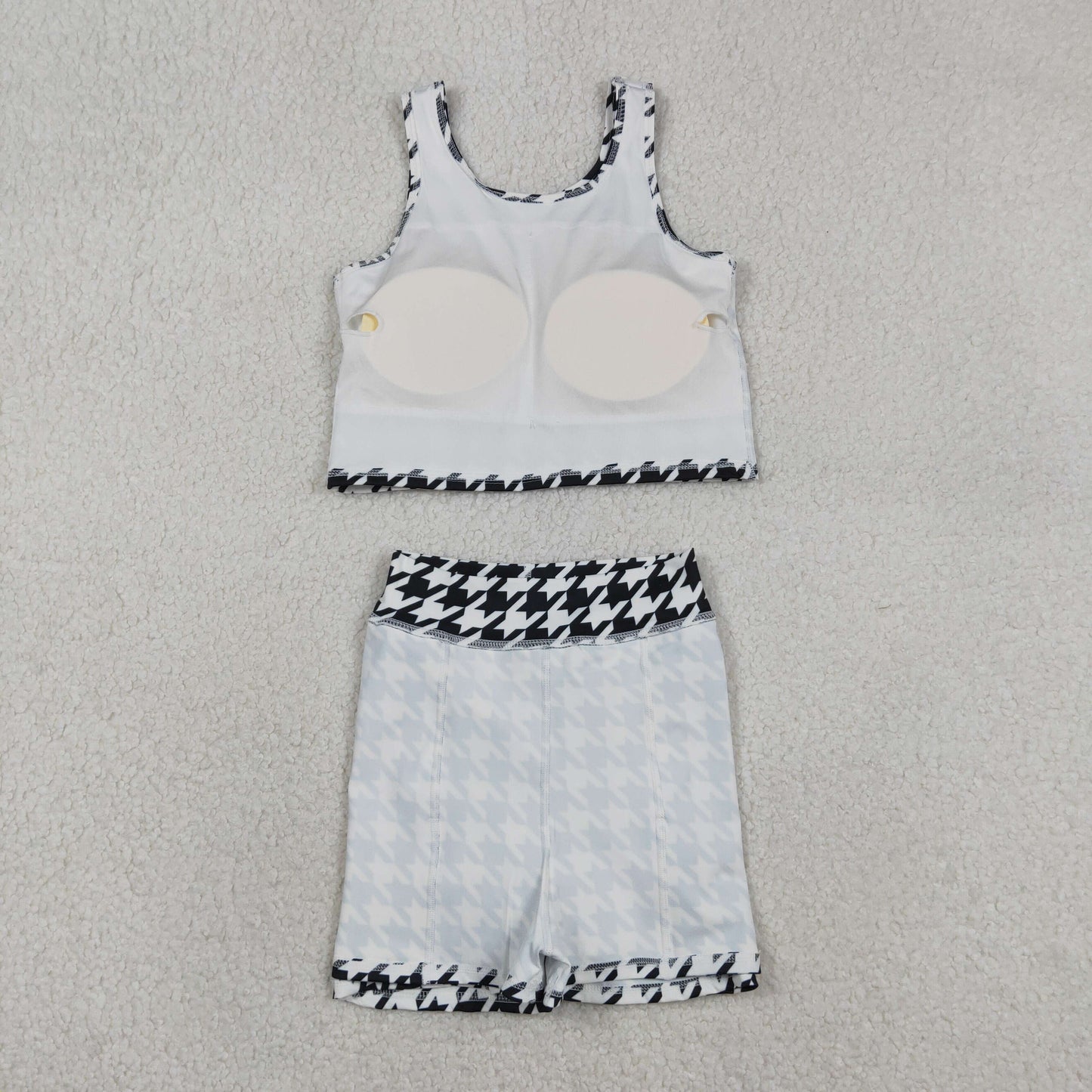 GSD2858 Baby Girls Black Birds Checked Vest Top Skirt Shorts Yoga Active Clothes Sets