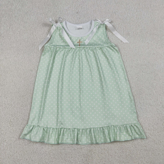 GSD2860 Baby Girls Sleeveless Cross Polka Dots Easter Ruffle Knee Legth Dresses