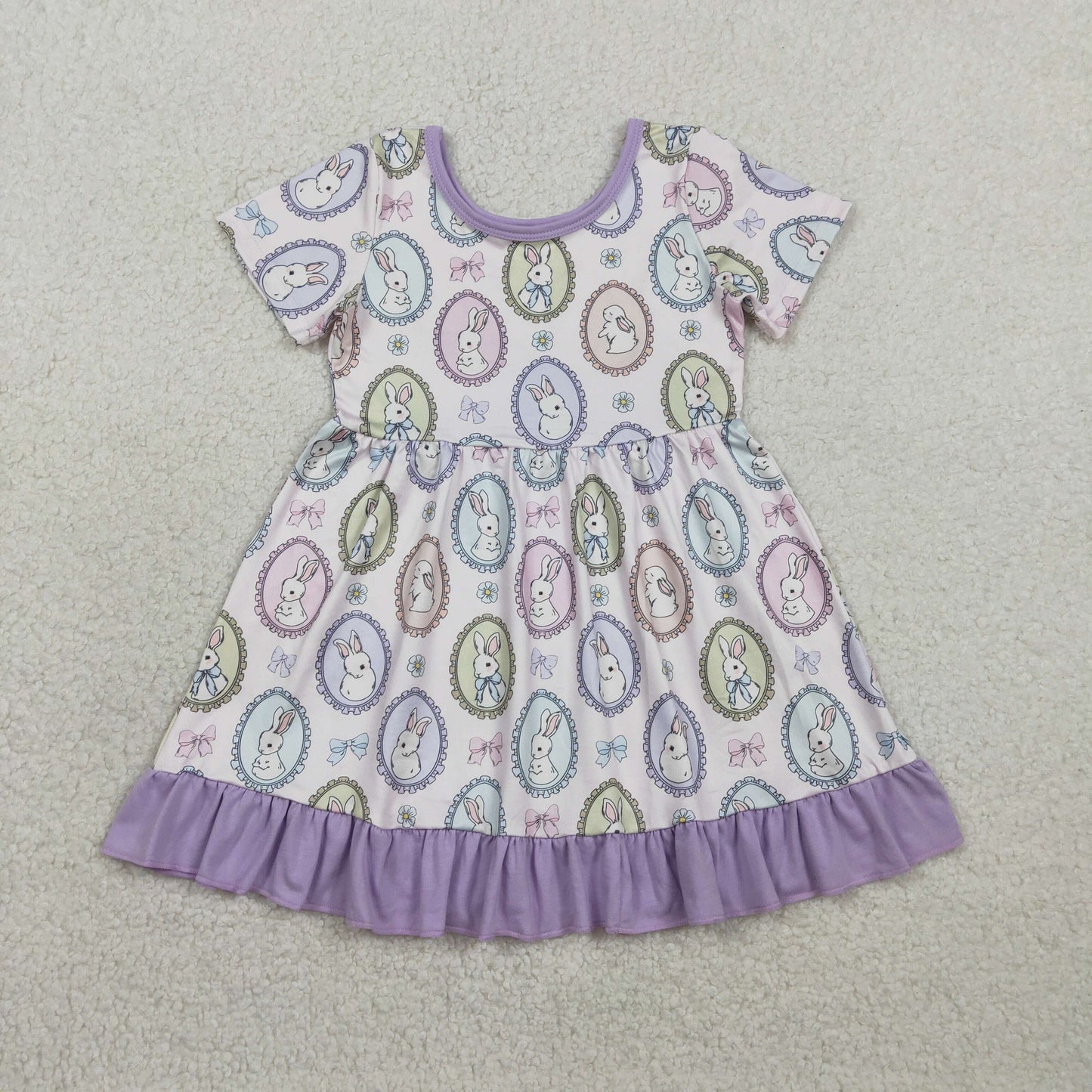 GSD2863 Baby Girls Short Sleeve Rabbit Flowers Easter Ruffle Knee Length Dresses