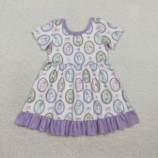GSD2863 Baby Girls Short Sleeve Rabbit Flowers Easter Ruffle Knee Length Dresses