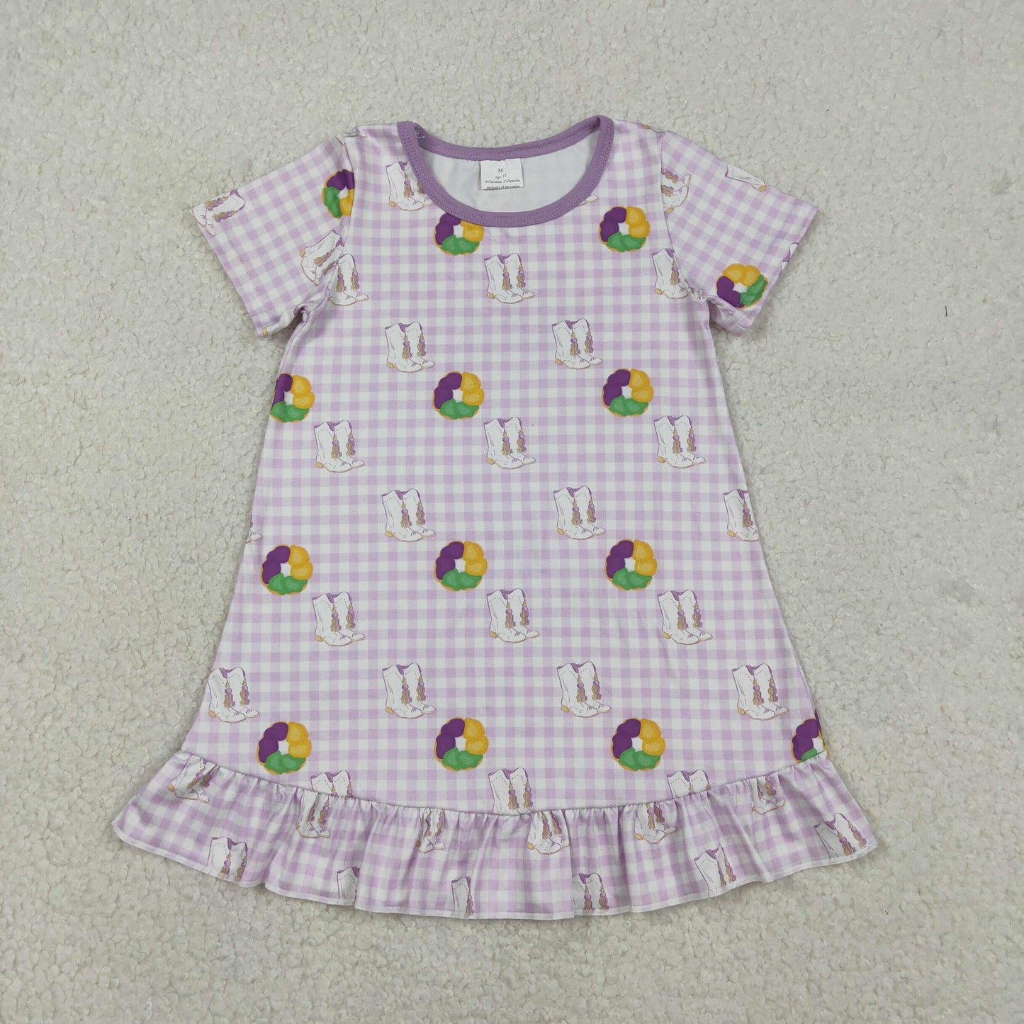 Sibling Baby Girls Mardigras Donuts Boot Checked Dress Pocket Short Clothes Set Ruffle Zip Romper
