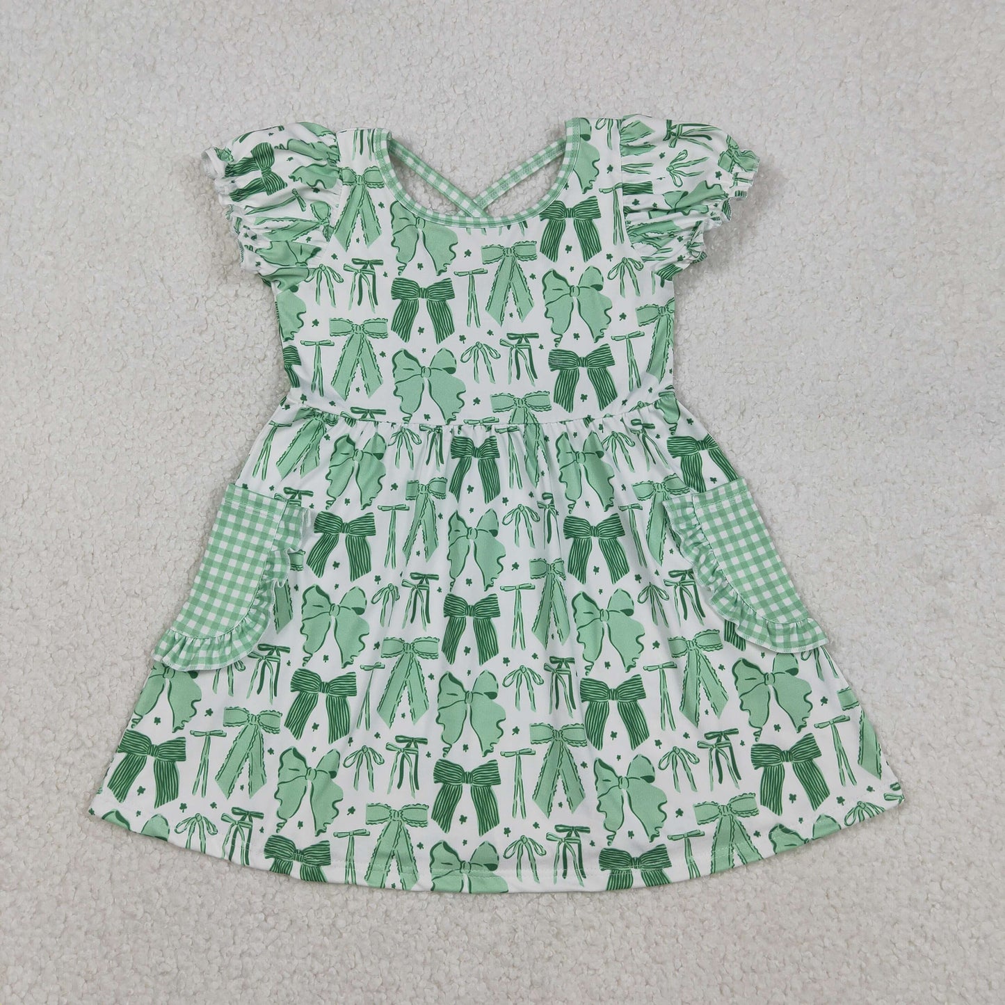 GSD2903 Baby Girls Green Bows Clovers Pockets St Patrick Knee Length Dresses