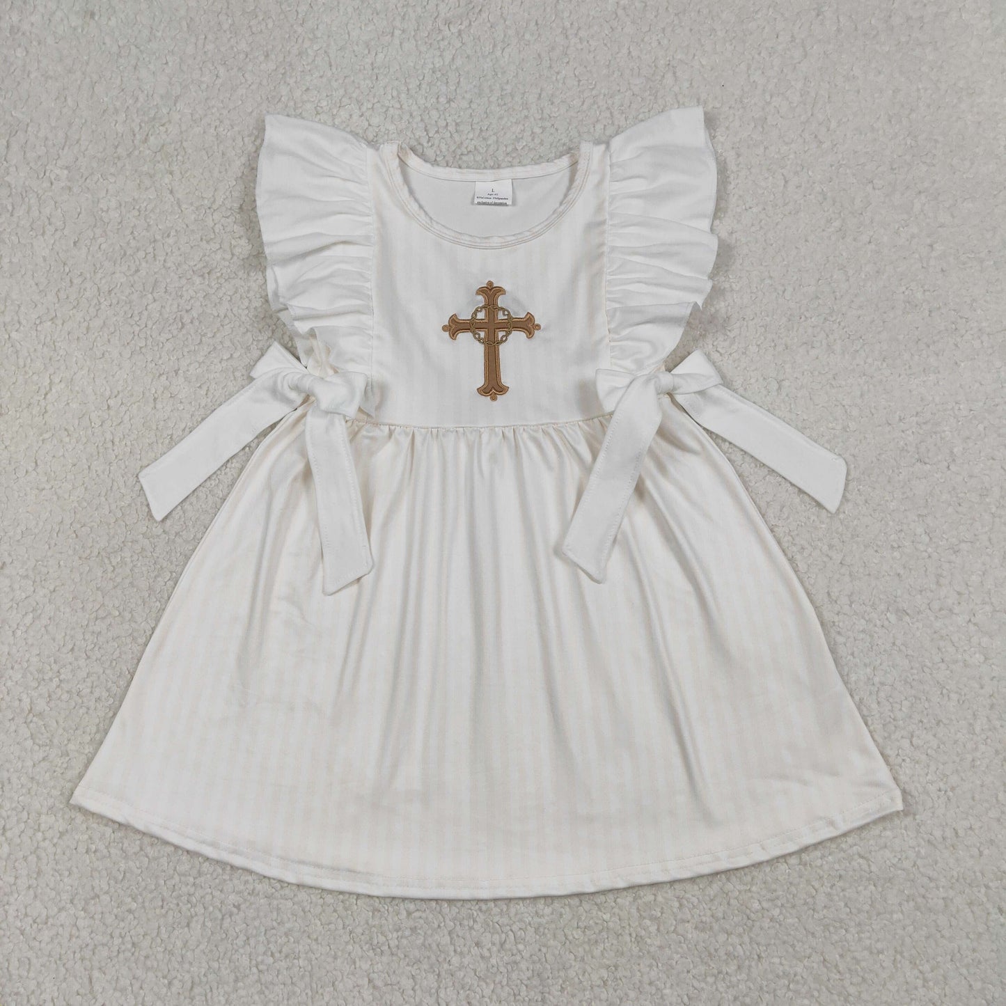 GSD2904 Baby Girls Flutter Sleeve Embroidery Crosses Easter Knee Length Dresses