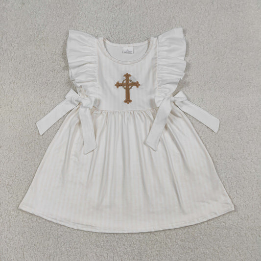 GSD2904 Baby Girls Flutter Sleeve Embroidery Crosses Easter Knee Length Dresses