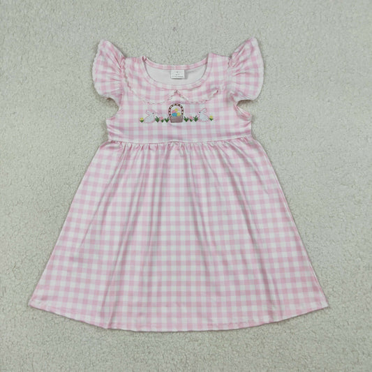 GSD2913 Baby Girls Pink Checked Emberoidery Rabbits Eggs Easter Knee Lenth Dresses
