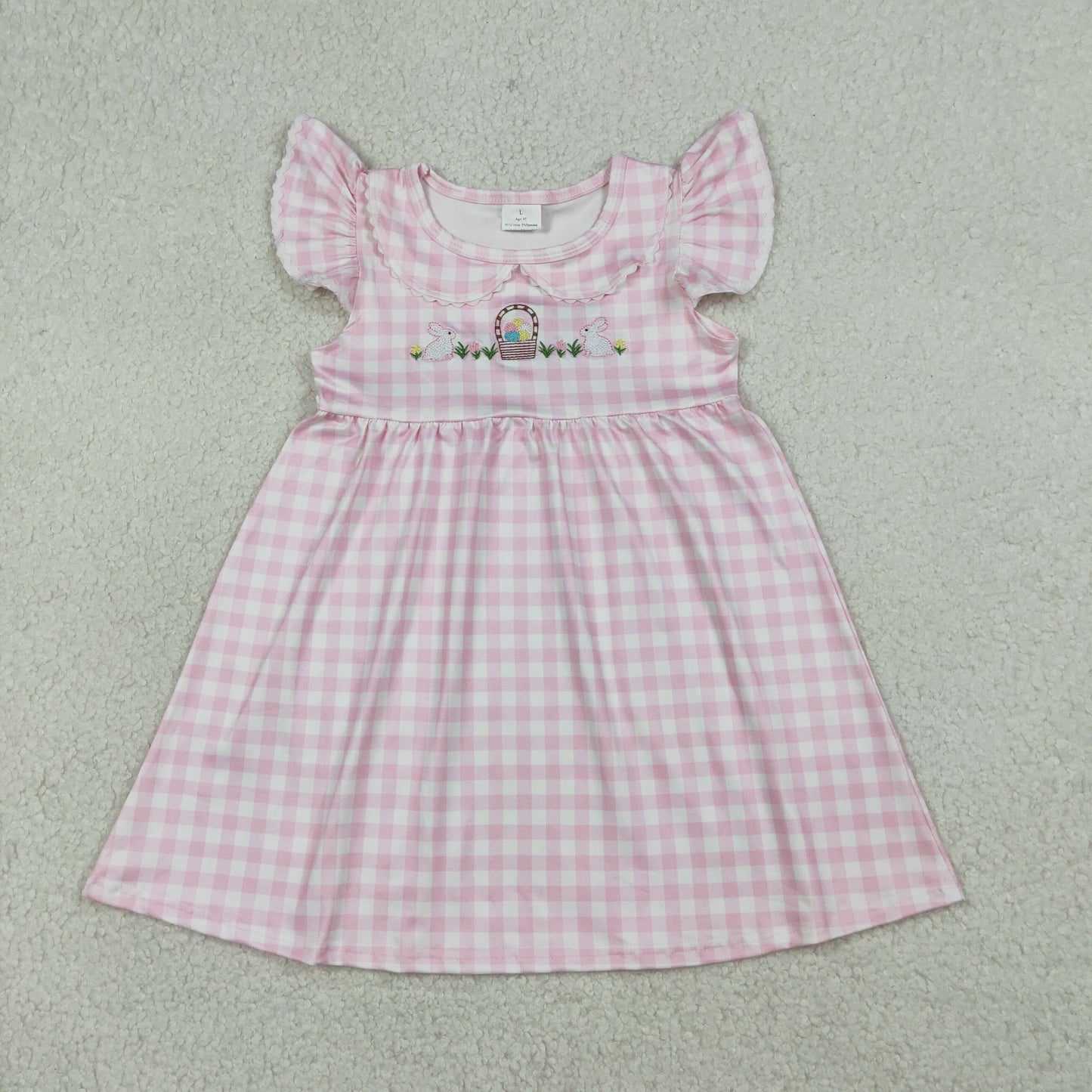 Sibling Baby Girls Pink Checked Embroidery Rabbits Eggs Easter Knee Length Dress Rompers