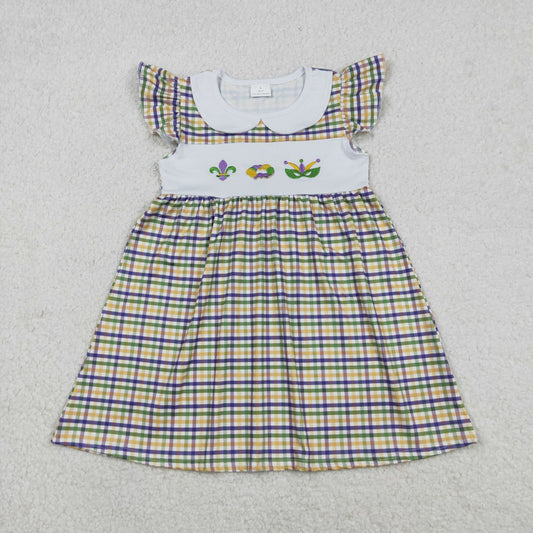 GSD2934 Baby Girls Mardigras Checked Embroidery Anchors Donuts Knee Length Dresses