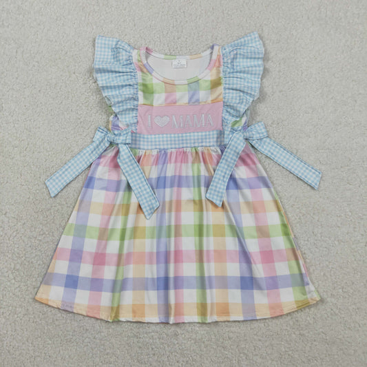 GSD2940 Baby Girls Flutter Sleeve Embroidry I Love Mom Colorful Checked Knee Length Dresses